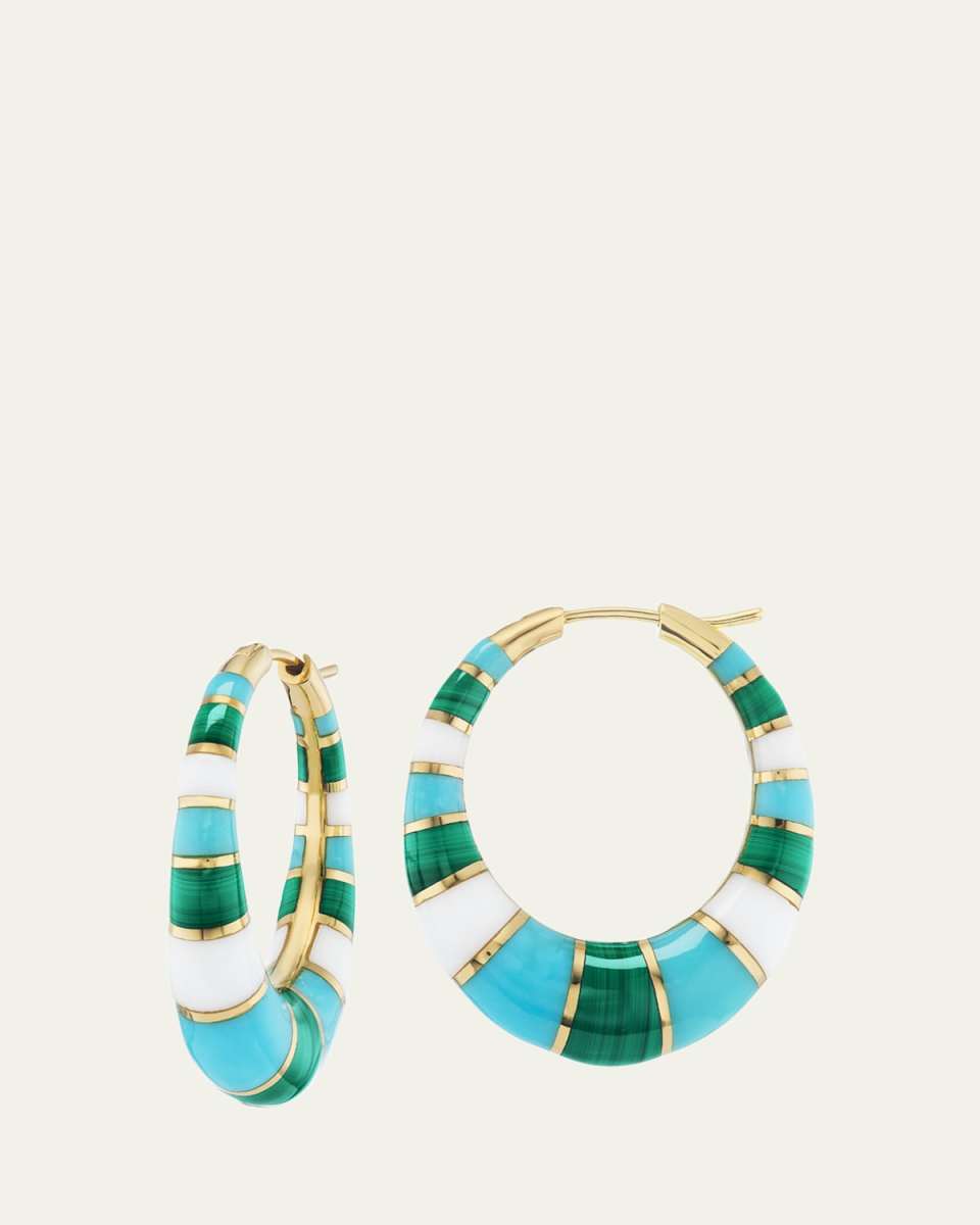 18K Yellow Gold Chunky Inlay Hoop Earrings with Malachite, Green Turquoise and White Onyx